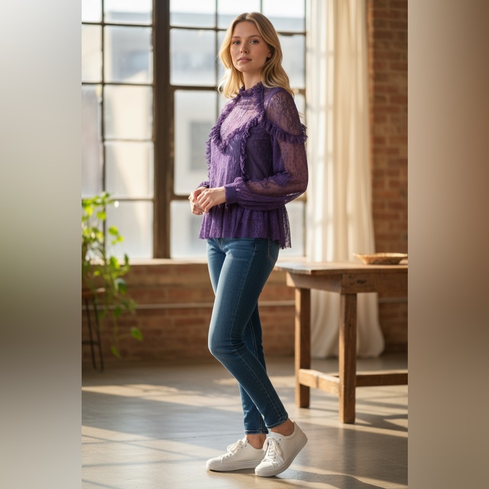 Bardot Purple Sheer Lace Peplum Blouse – Size M / US 8 - Picture 9 of 14